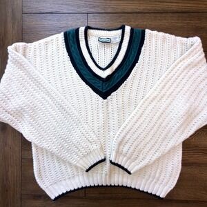 Vintage Weekends Cricket Sweater Cream V-Neck Cable Knit Ramie Cotton Large